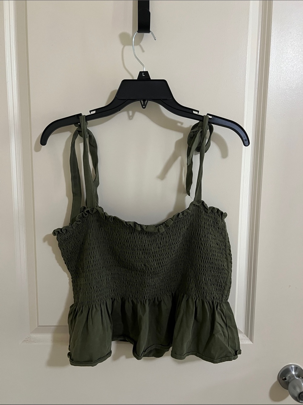 Smocked Tie-Shoulder Peplum Tank Top - Olive Green